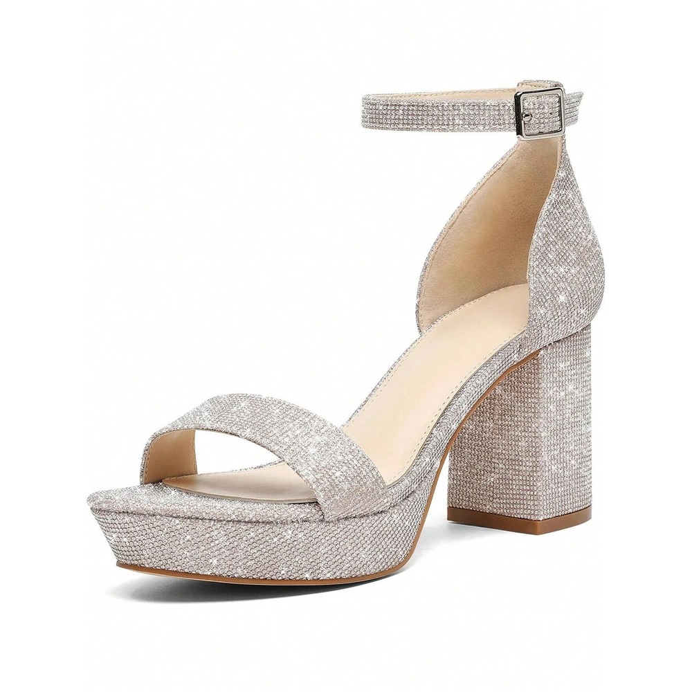 Putu Women's US 7 Rhinestone Decor Chunky Block Heel Sandals Platform Wedding‎ P